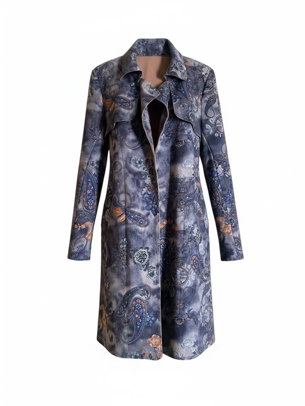 Solitaire Paisley-Print Trench Coat in Blue and Tan Accents